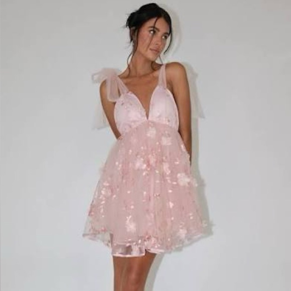 Spring Bloom Tied Shoulder Embellished Mini Dress Pink